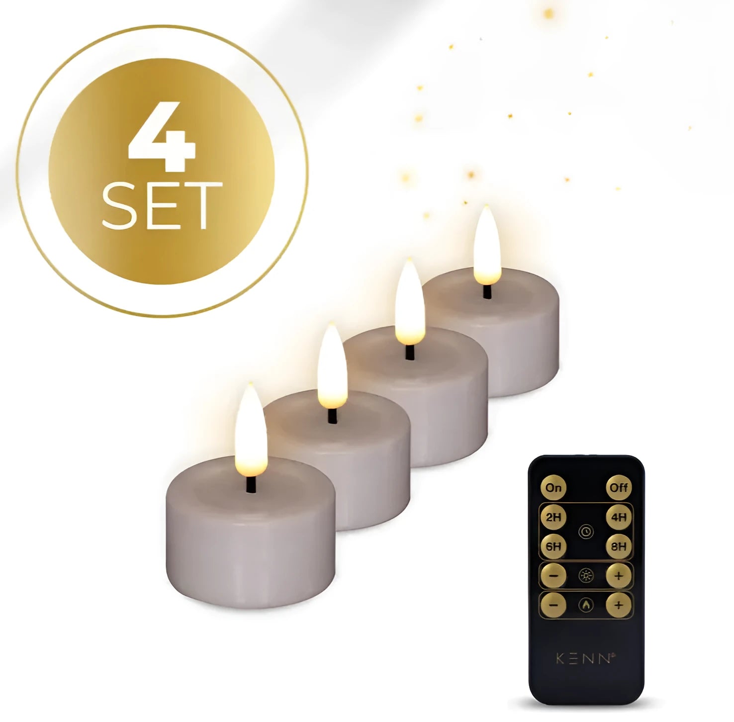 Four taupe-coloured LED tealight candles showing their size and flameless flickering light.