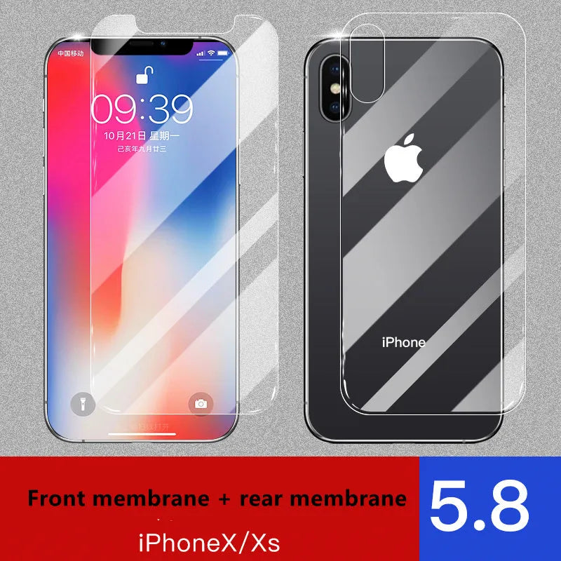 Tempered glass screen and rear protector for Apple iPhone models.