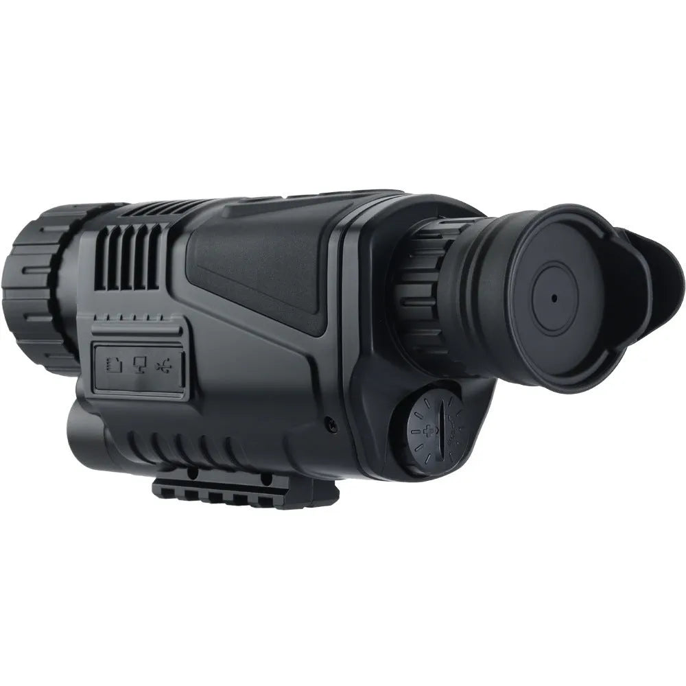 NV300 black infrared digital night vision telescope with 40mm lens, shown with storage bag and cables.