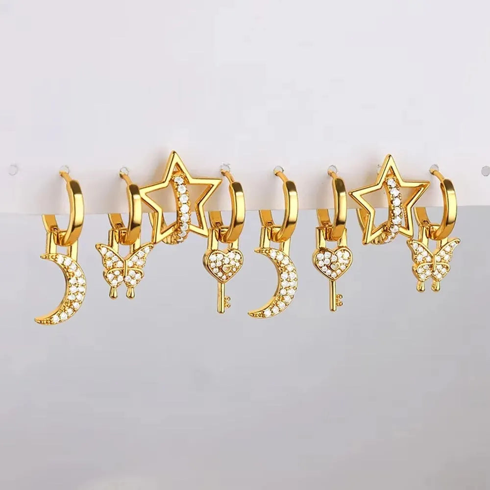 Women's geometric butterfly earrings with diamond treatment in copper with heart and star shapes