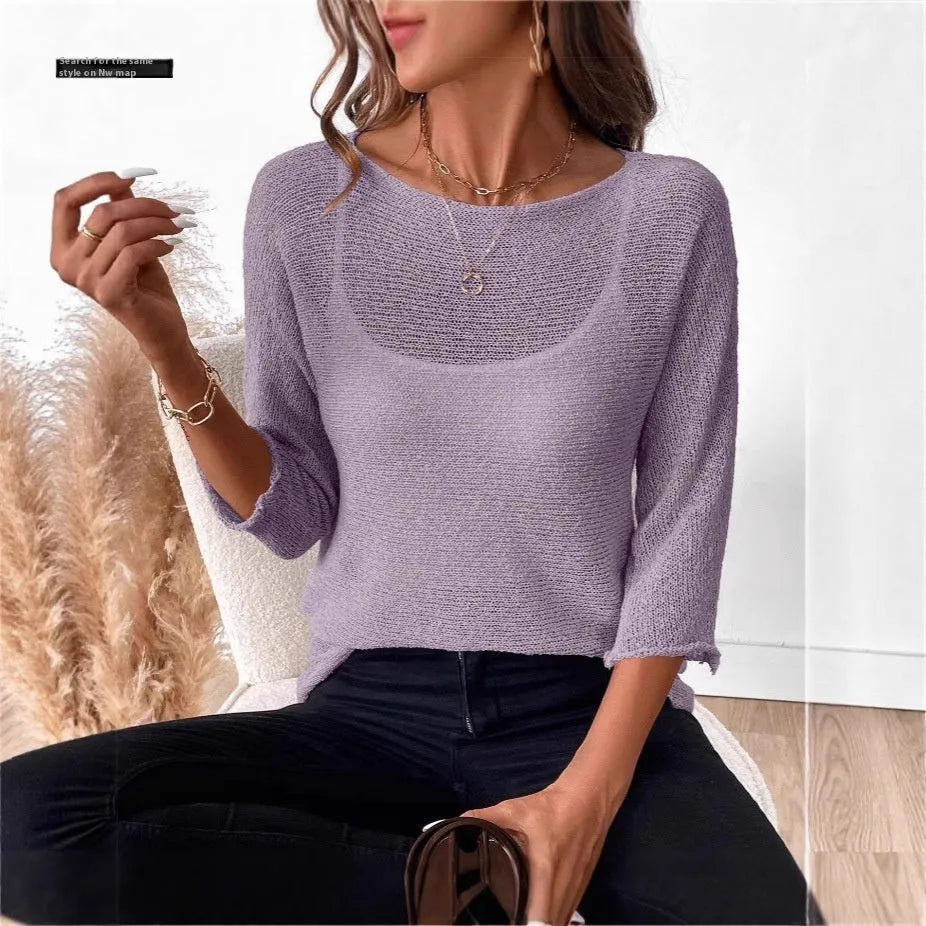 Women's thin off-shoulder knit jumper in matcha green with 3/4 sleeves and a 3D pattern.