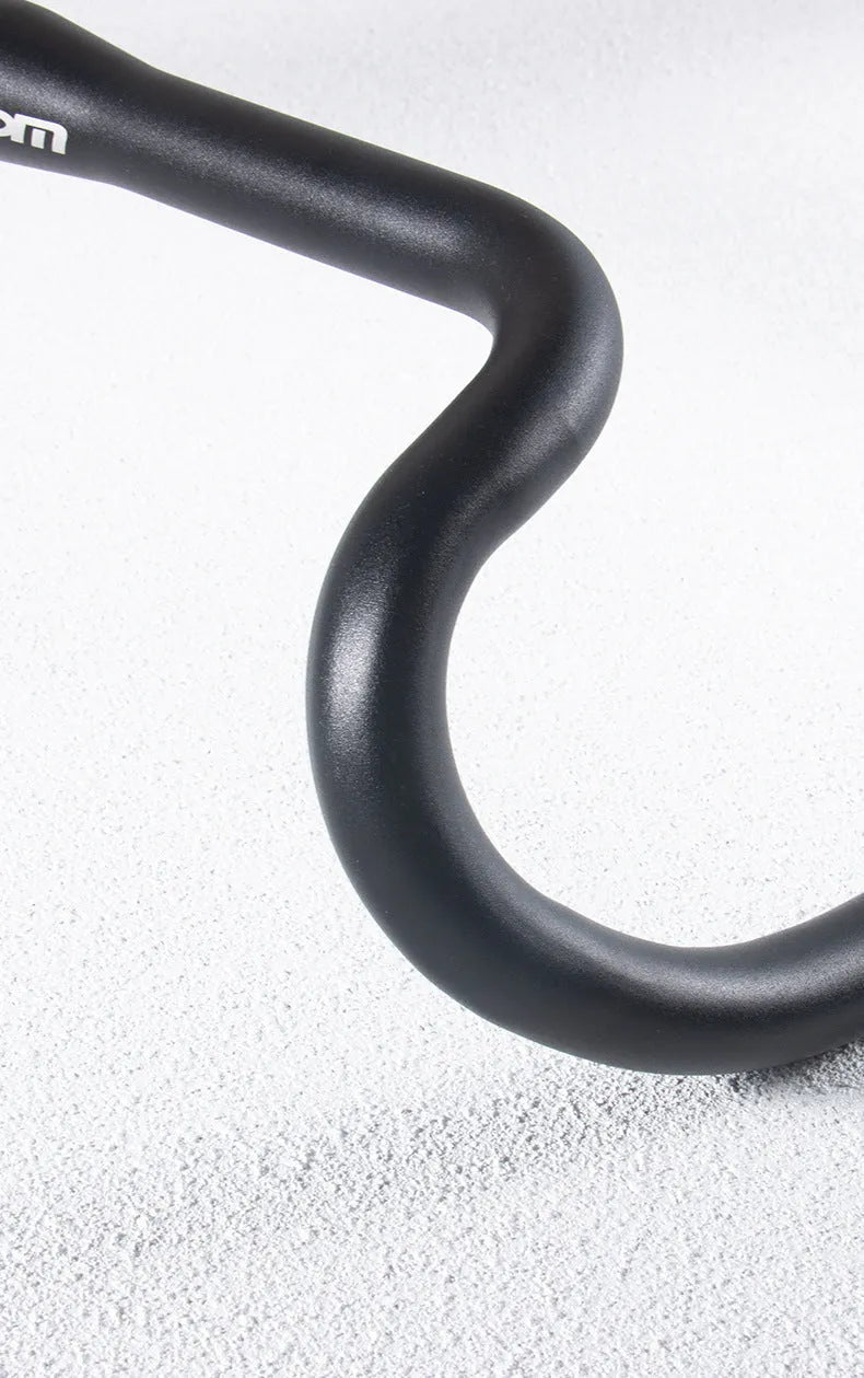 Black aluminium road bike bent handlebar showing 420mm width and 31.8mm clamp diameter