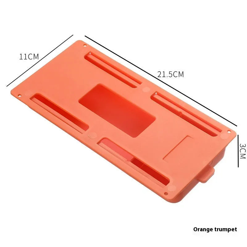 White plastic storage drawer with a cover and internal grid compartments, shown mounted underneath a wooden table.