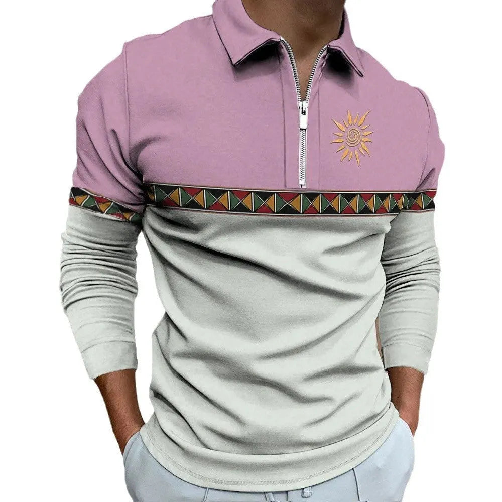 Men's retro print golf T-shirt with stripe pattern and zip details in loose fit