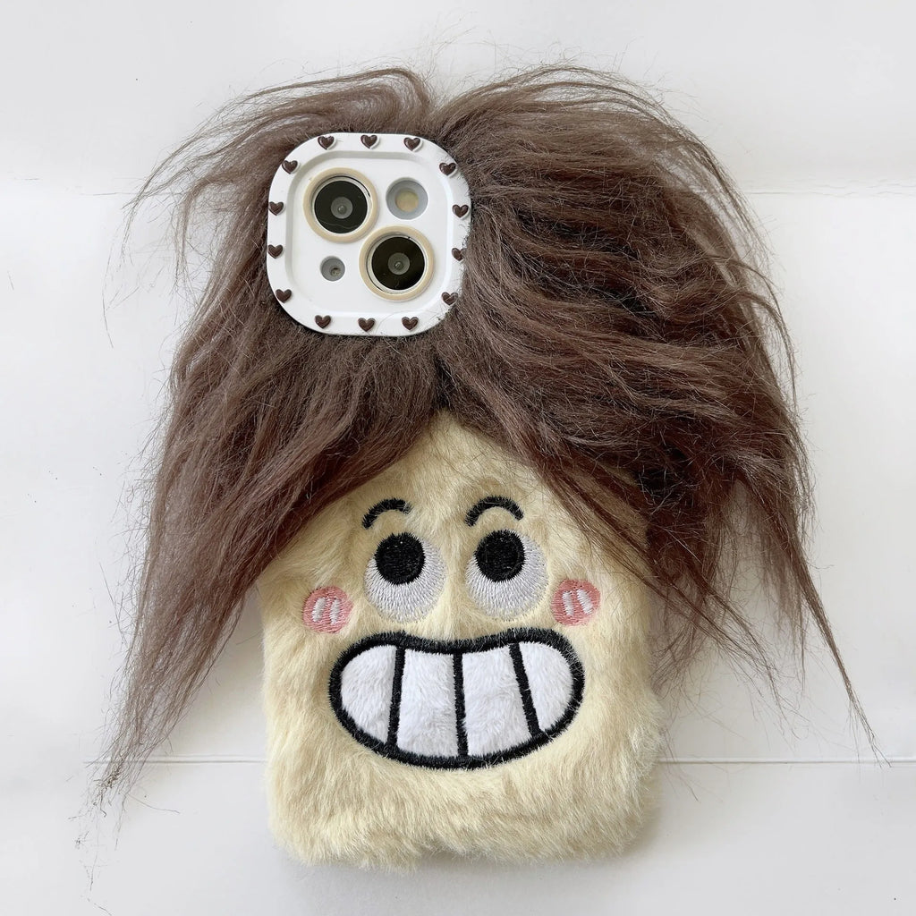 Plush long hair giggle boy smirk phone case for iPhone, cartoon furry fall protection cover, colour matching