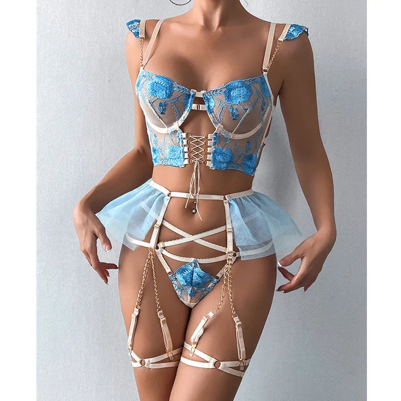 Light blue lace push-up bra and matching pants set with mesh detailing