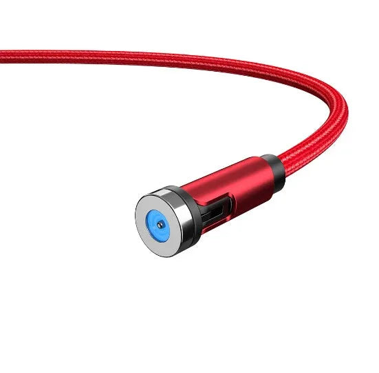 Essager black magnetic USB cable with 360-degree rotating head and blue LED light, shown with Micro USB, Lightning, and Type C tips.