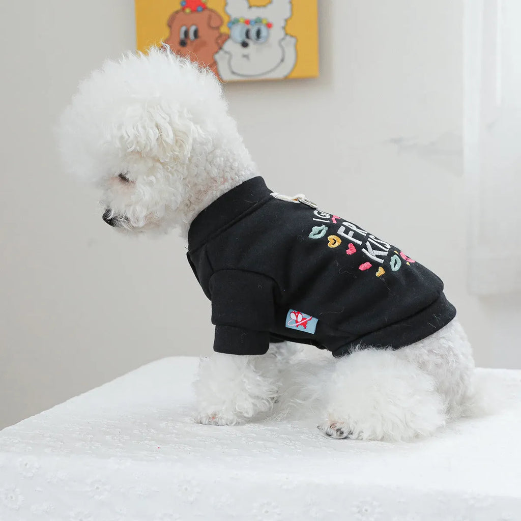 Casual knitwear dog jumper in kiss sweater pattern for winter, shown with size chart for XS to XL