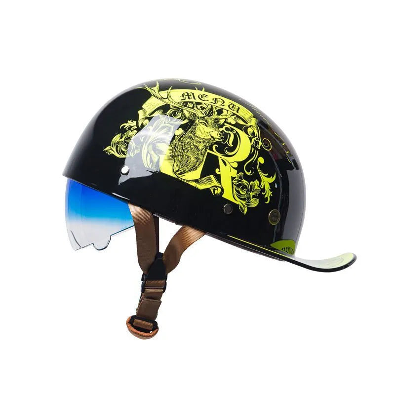 Men's bright black retro half helmet for electric bicycles with a gradient blue visor lens.