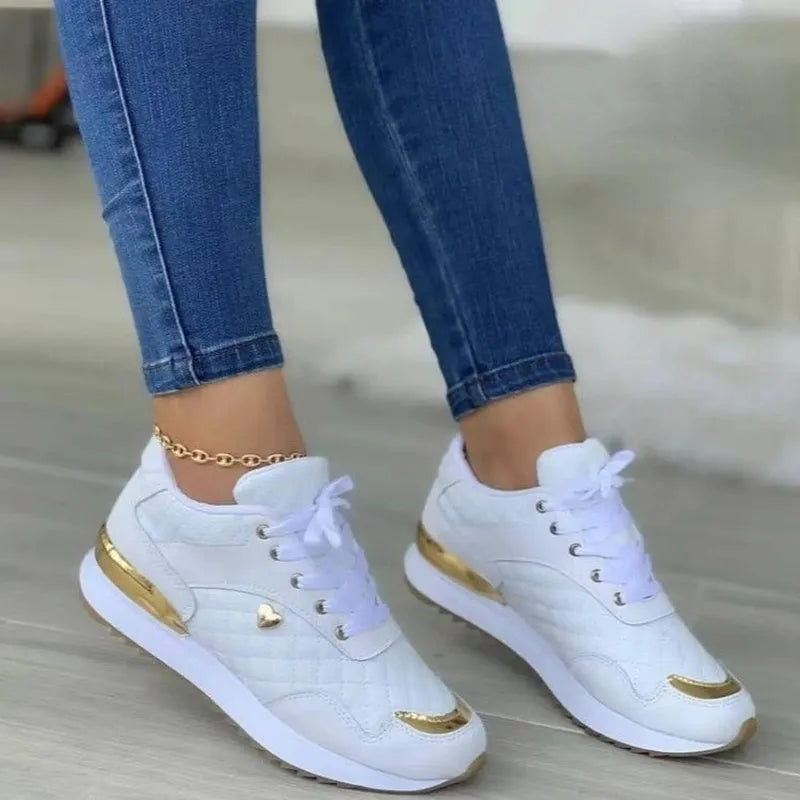 Women's plaid patchwork lace-up sneakers with love decor, artificial PU upper and rubber sole