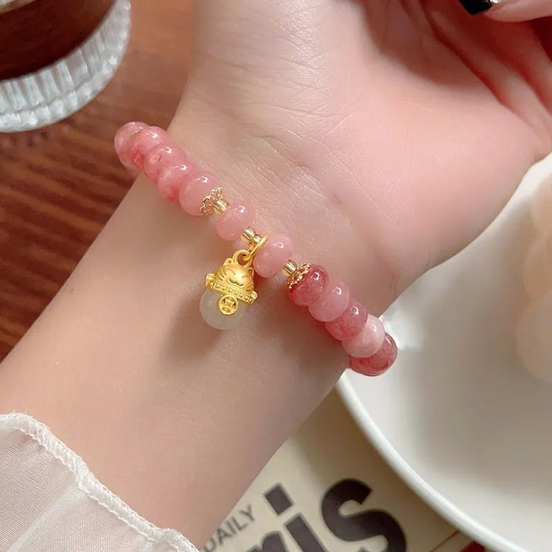 Women's retro strawberry quartz lucky cat bracelet with manual craftsmanship