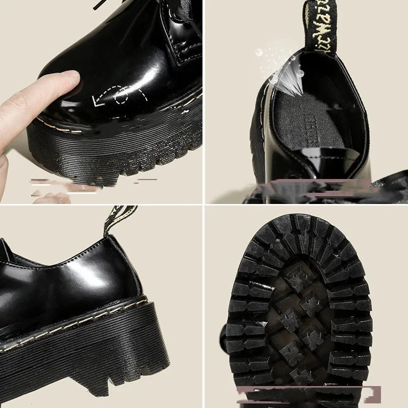 Women's black leather shoes with a thick sole, cross straps, and ribbon laces laid flat.