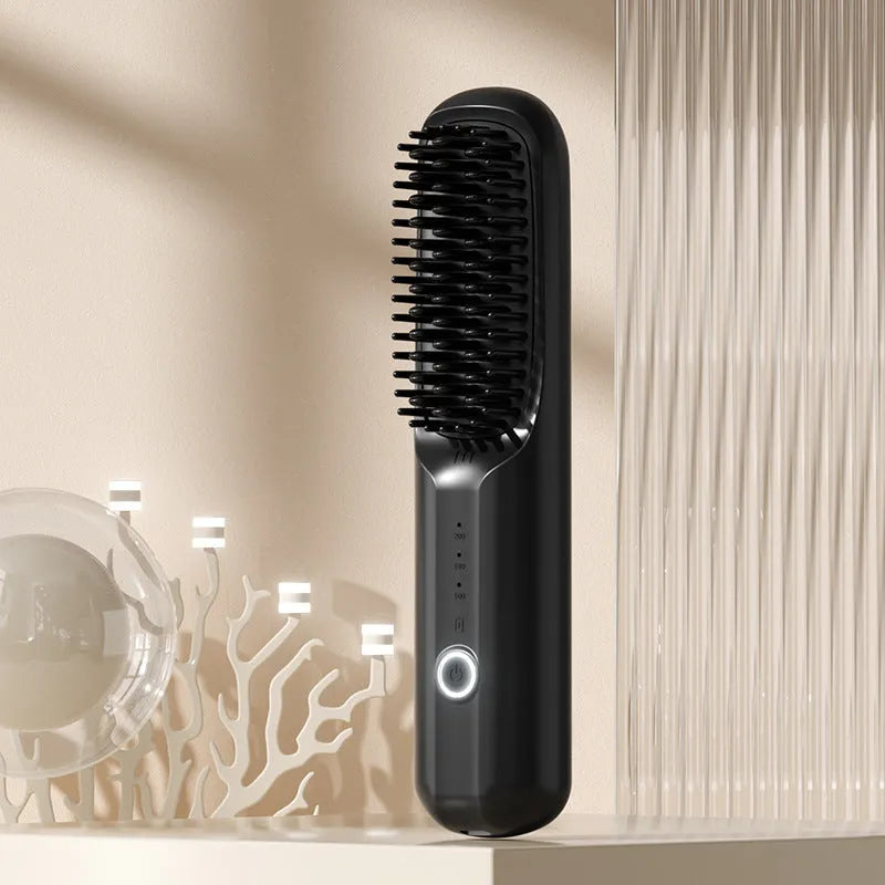 Wireless anion hair straightening comb in beige, showing comb shape and ceramic plates.