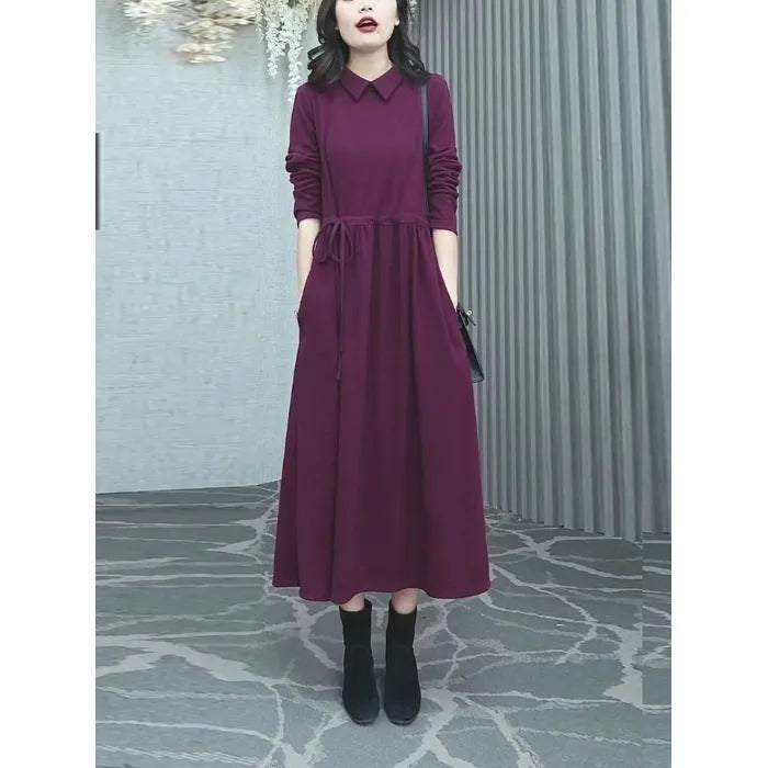 Purplish red plus size long sleeve dress for women, shown as autumn winter office wear.