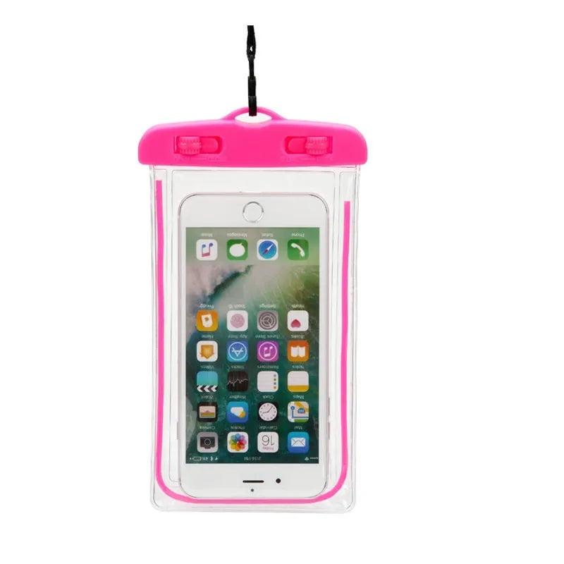 Waterproof universal phone case in multiple colours showing touch screen compatibility for outdoor water sports
