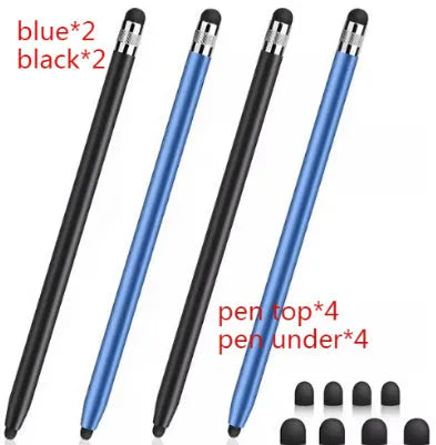 Metal two-in-one touch screen stylus and ballpoint pen shown in various colours including black, silver, blue, and pink.