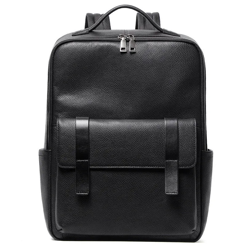 Men's large capacity leather computer backpack with 36-55L storage in black