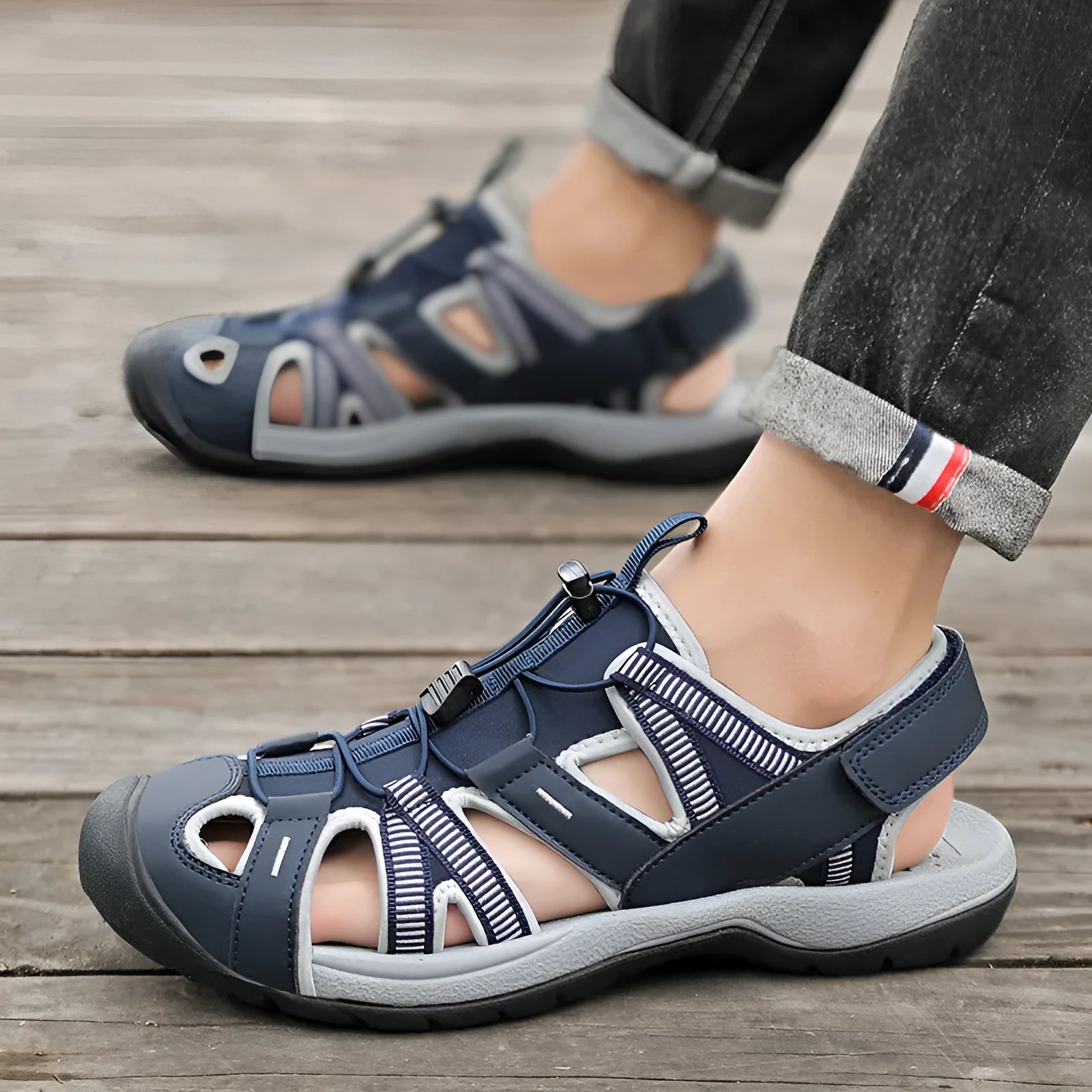 Men's blue casual sports shoes with mesh upper, Velcro straps, and rubber sole.
