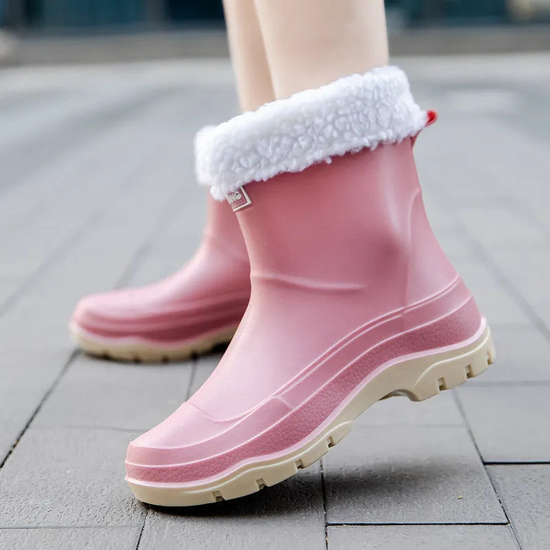 Women's short waterproof rubber shoes with non-slip soles in multiple colour options