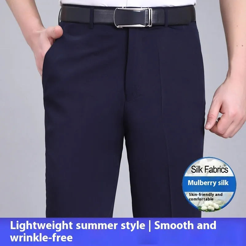 Men's straight-cut business trousers in dark blue with high waist and non-ironing construction