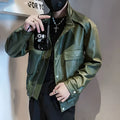 Men's black Korean-style PU leather pilot jacket with side pockets on a hanger.