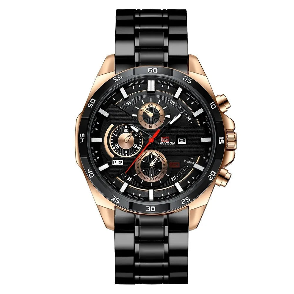 Men's casual quartz watch with business calendar on dial, showing black leather strap and rose gold case option.