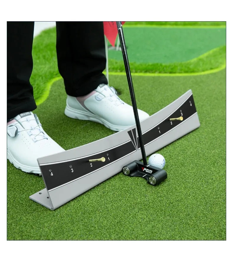 Golf putter with attached adjustable trajectory balance simulator, a PVC training aid for stroke feedback.