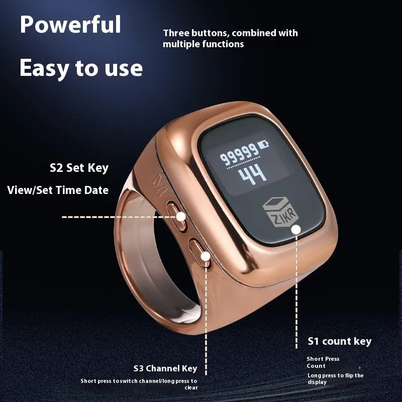 Al-fatiha electronic counter display with black casing shown next to rose gold and silver versions.