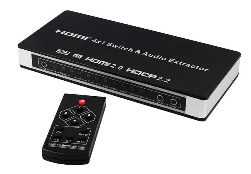 Black HDMI switch with remote control showing four input ports and one output port