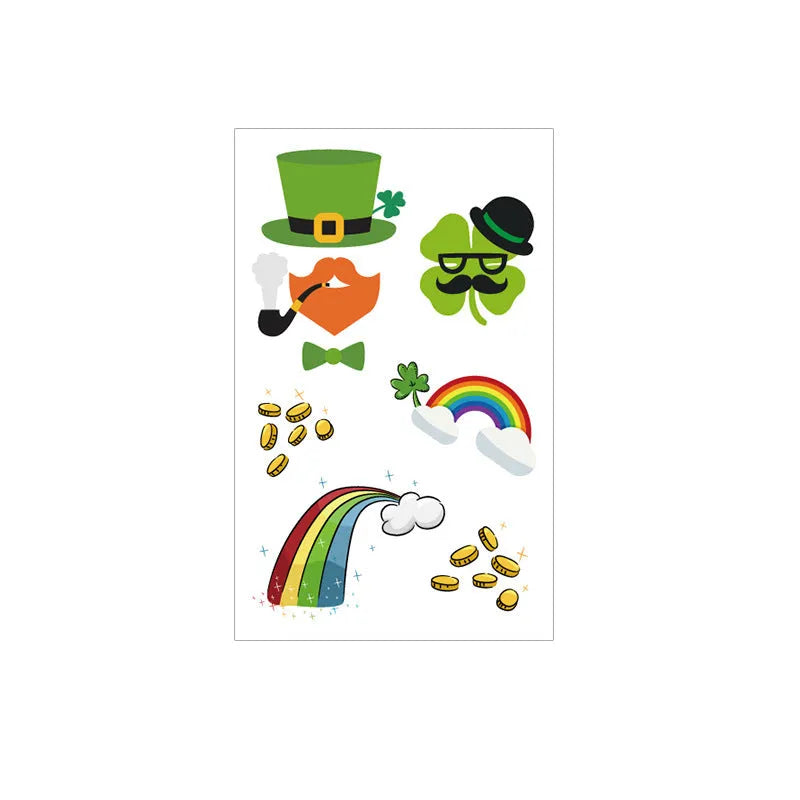 Green clover and Irish flag temporary tattoo sticker on paper backing, showing water transfer design.