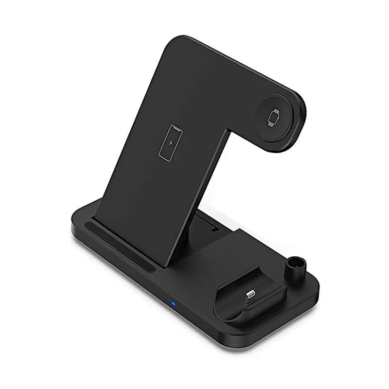 Black four-in-one wireless charging station with QC3.0 fast charging head for multiple mobile devices