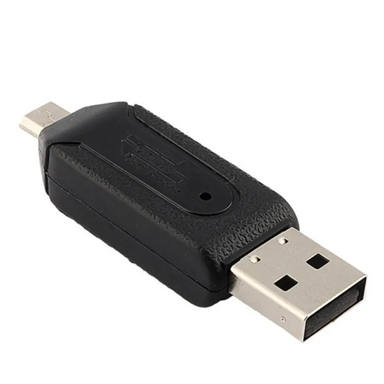 OTG dual-purpose card reader in black with micro USB plug and slots for SD and TF memory cards.