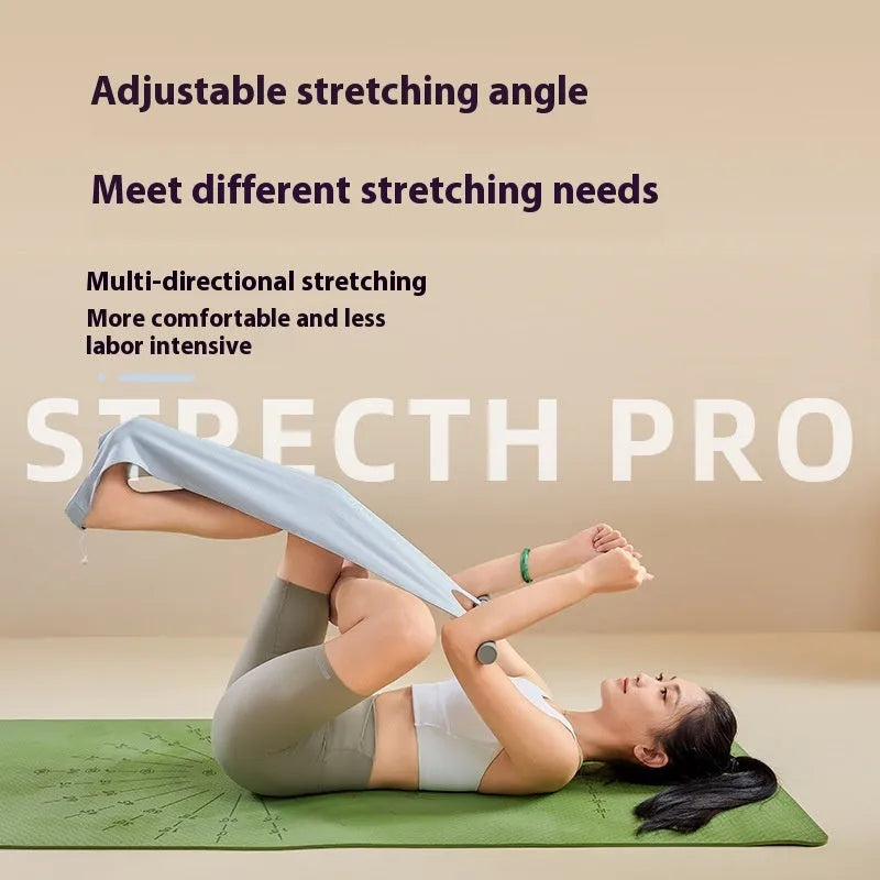 Grey and pink 42cm long yoga stretching tool with curved design for shoulder and back stretches.
