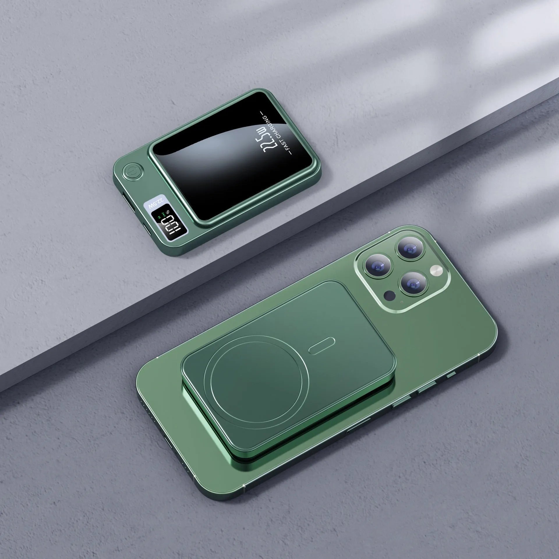 Wireless MagSafe power bank in black, showing industrial style plastic shell and compact rectangular shape.
