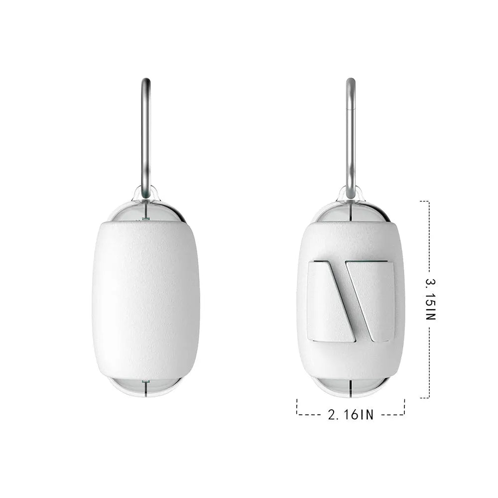 White and translucent grey space capsule dog poop bag dispenser with leash clip and top hook