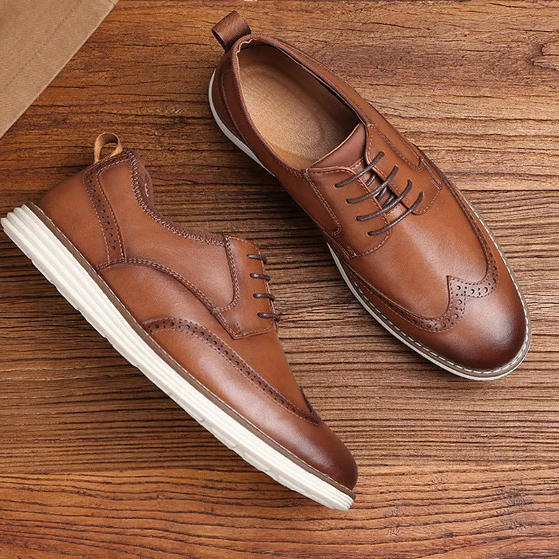 Men's black and brown slip-on casual shoes with a round toe and low-top PU upper.