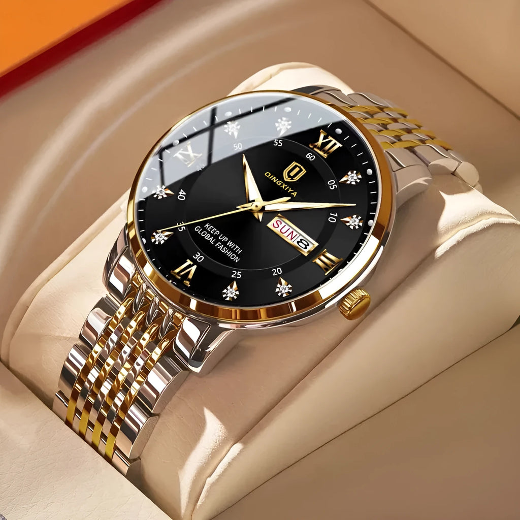 Men's quartz calendar week display watch with luminous dial, 42mm alloy case, stainless steel buckle, intergold colour