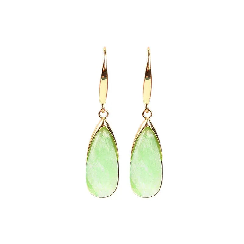 Chinese style geometric earrings with jade colour finish and water droplet design elements