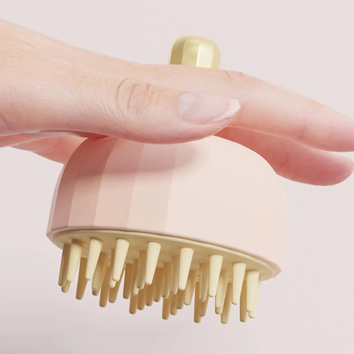 Four pet shampoo massage brushes in green, pink, and white colours with double-sided design and drain holes