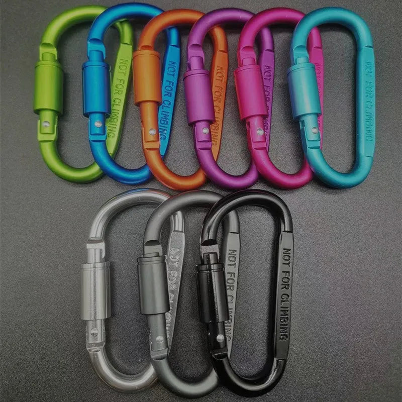 Aluminium D-type screw-lock carabiner in red, showing its 8cm size and flat-sided shape.