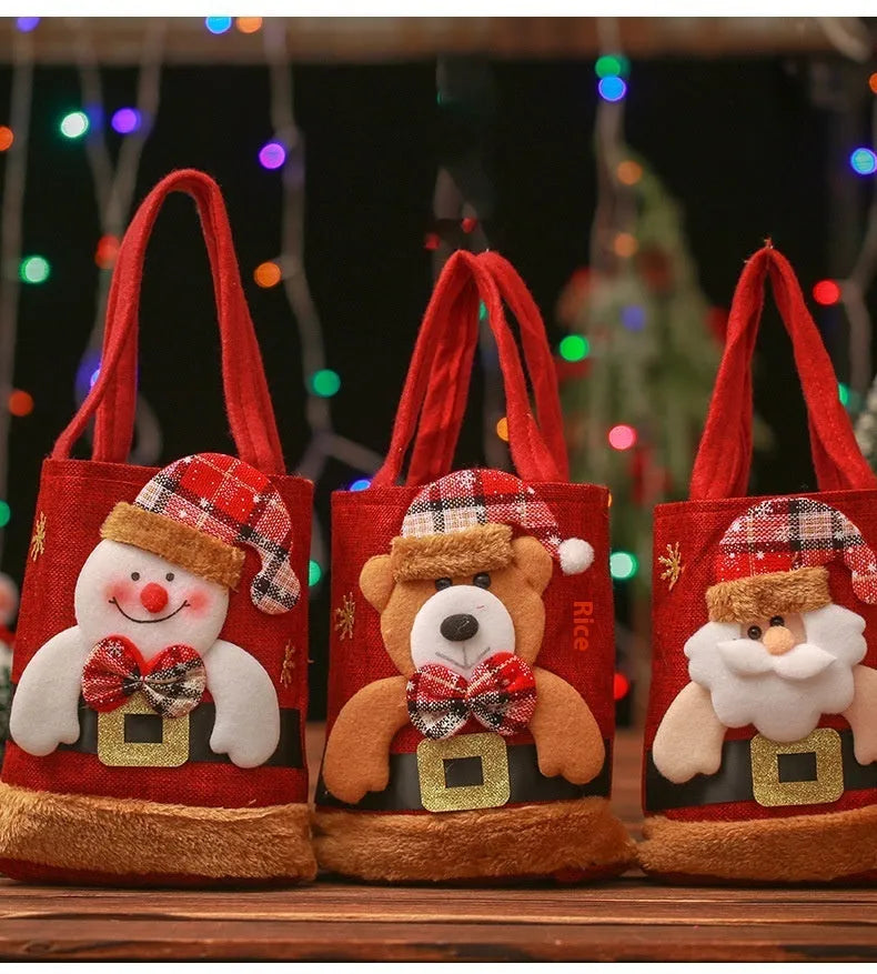 Small cloth Christmas candy tote bag with Santa Claus, snowman, deer and bear character designs