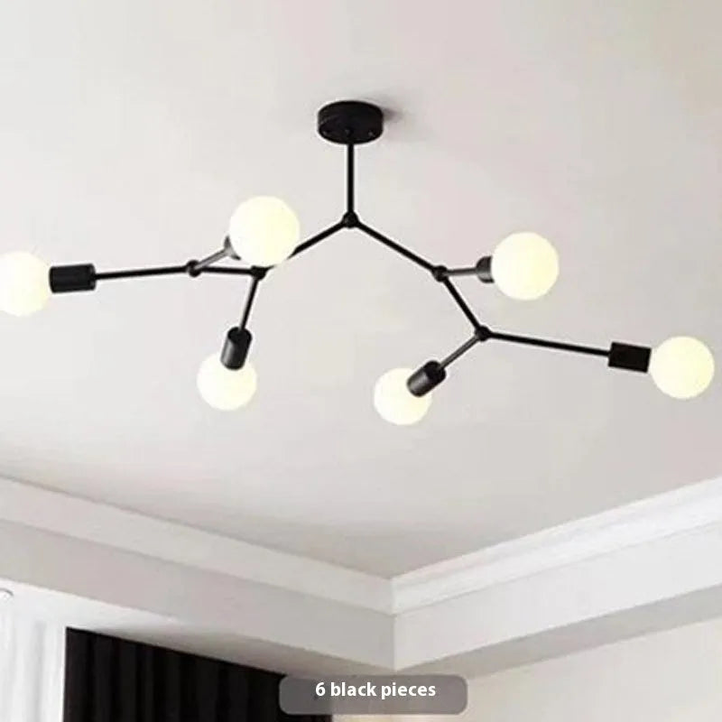 Iron Nordic-style chandelier ceiling lamp with multiple light heads, in black or white.