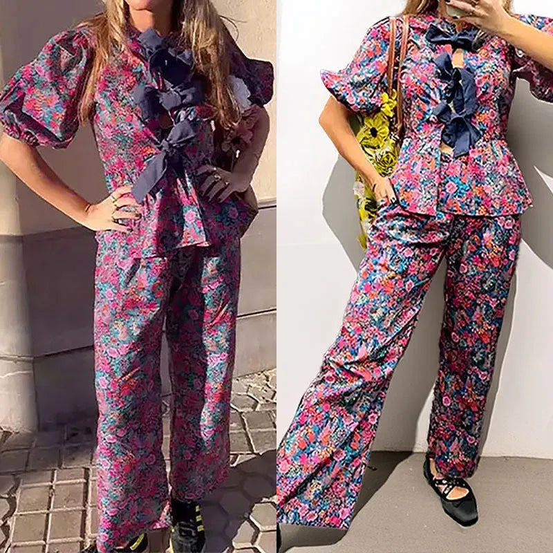 Floral print polyester trousers suit with tie-neck top and puff sleeves in commuting style