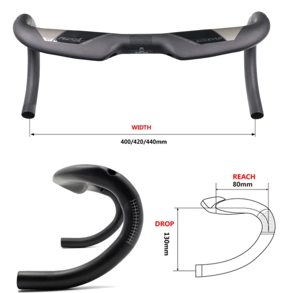 Matt black carbon fibre road bike handlebar with shallow drop, shown from a top-down angle.