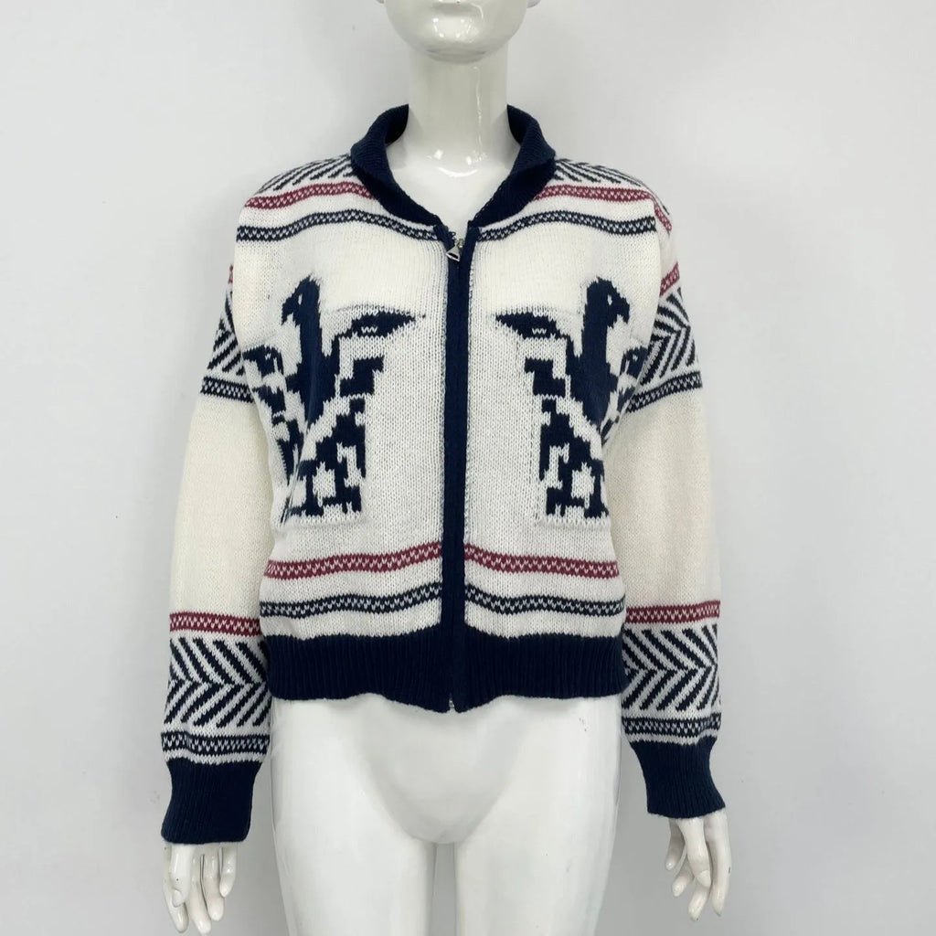 White women's zip cardigan with jacquard lapel and contrast stripe pattern
