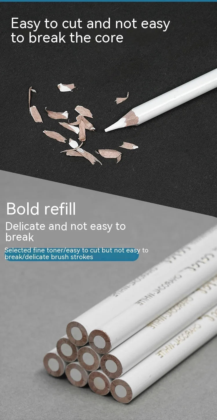 Set of three white charcoal highlighting pencils with wooden casings for sketching.