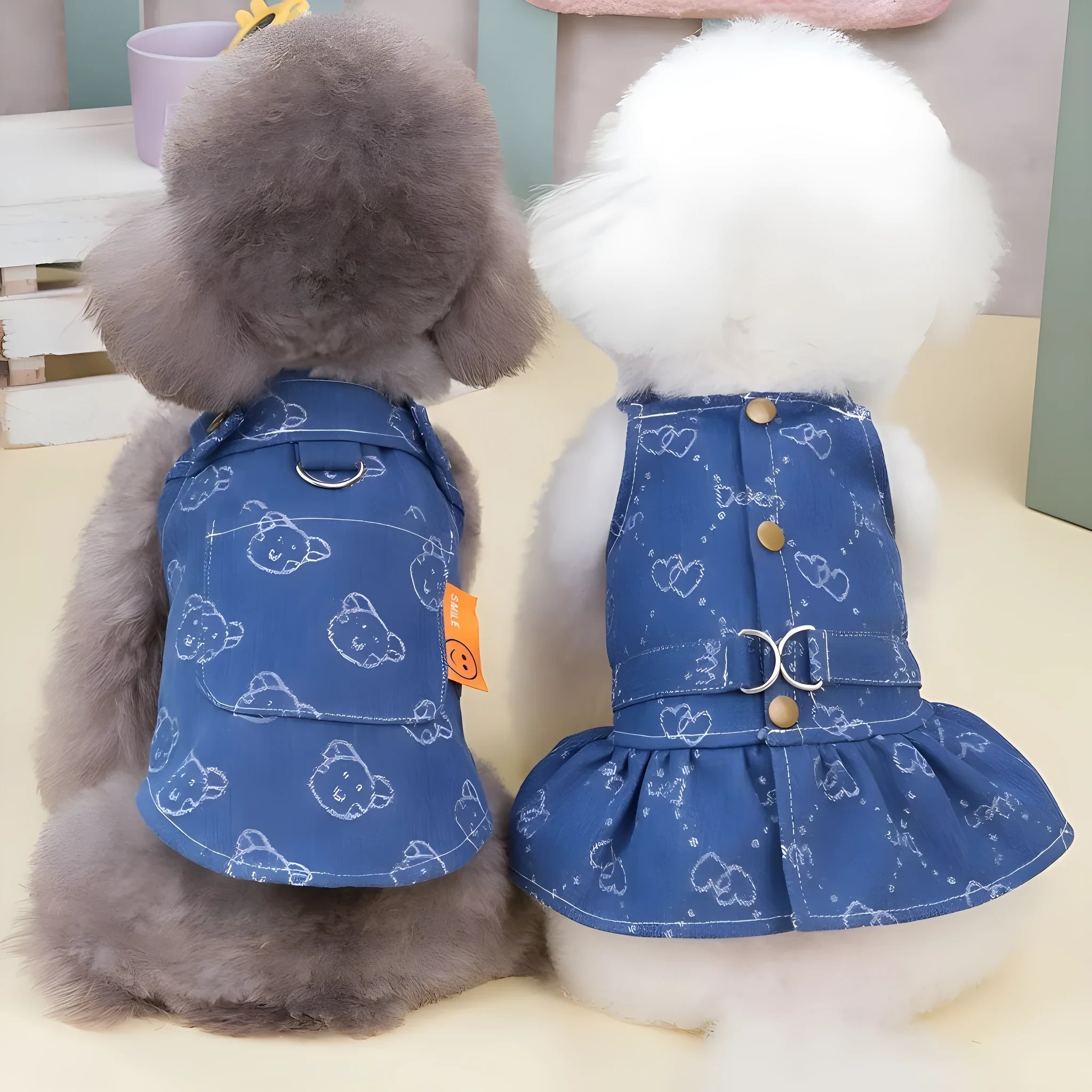 Teddy Bichon wearing thin denim princess dress in bracket-skirt style