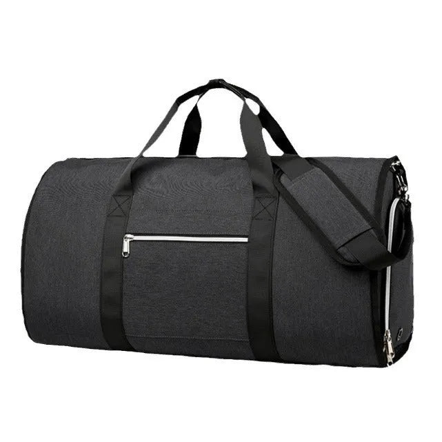 Oxford cloth sports storage bag in black with dry wet separation compartment and waterproof lining.