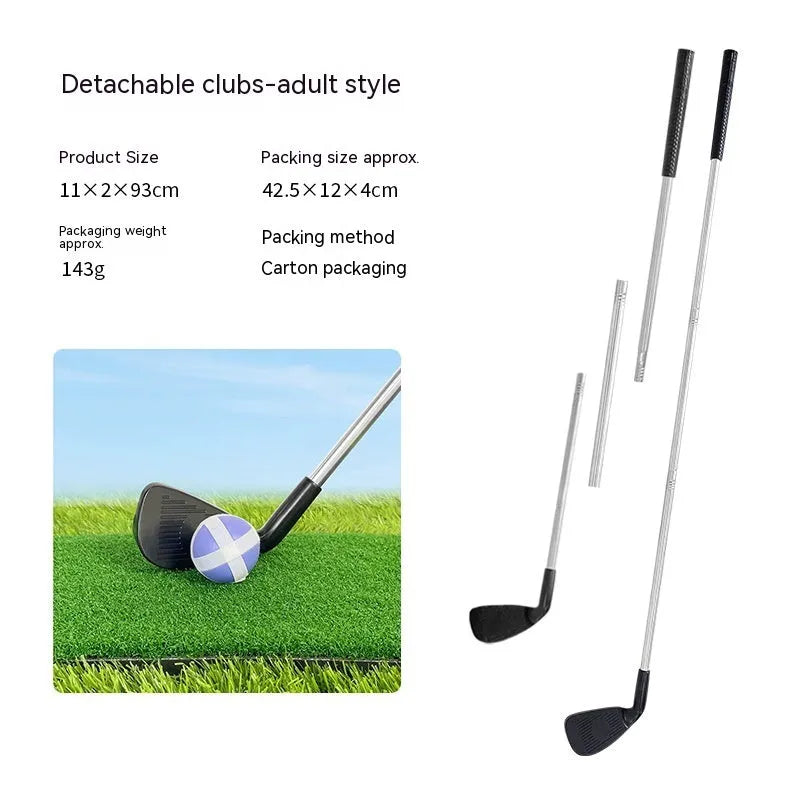 Metal golf club set showing adult and children's size options for outdoor sports practice