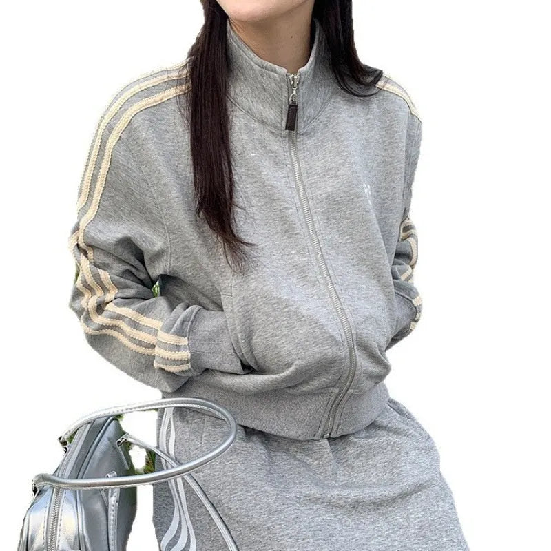 Retro baseball jacket for women slim fit solid colour navy blue polyester short length with pocket